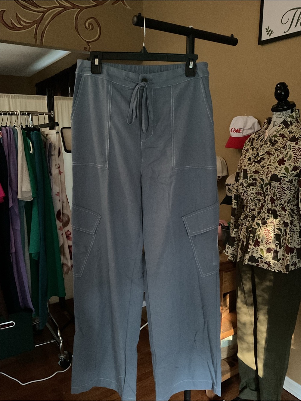 Very J Women's Wide-Leg Drawstring Cargo Pants - blue